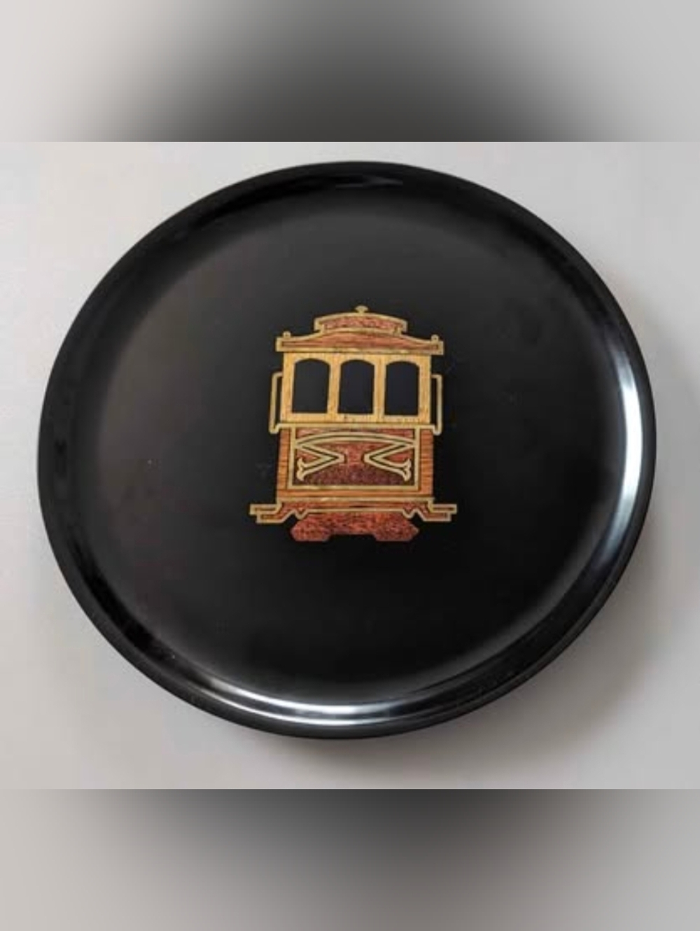 Vintage Trolley Streetcar Hand Inlay Tray COUROC Monterrey California. 10.5" D